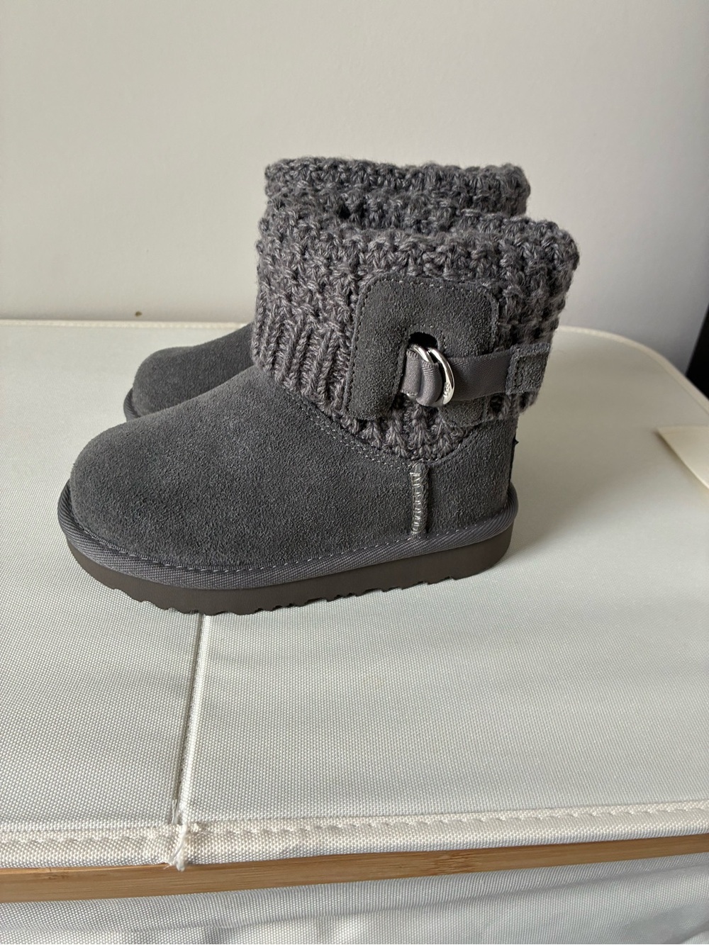 UGG Kids Gray Knit Cuff Suede Boots